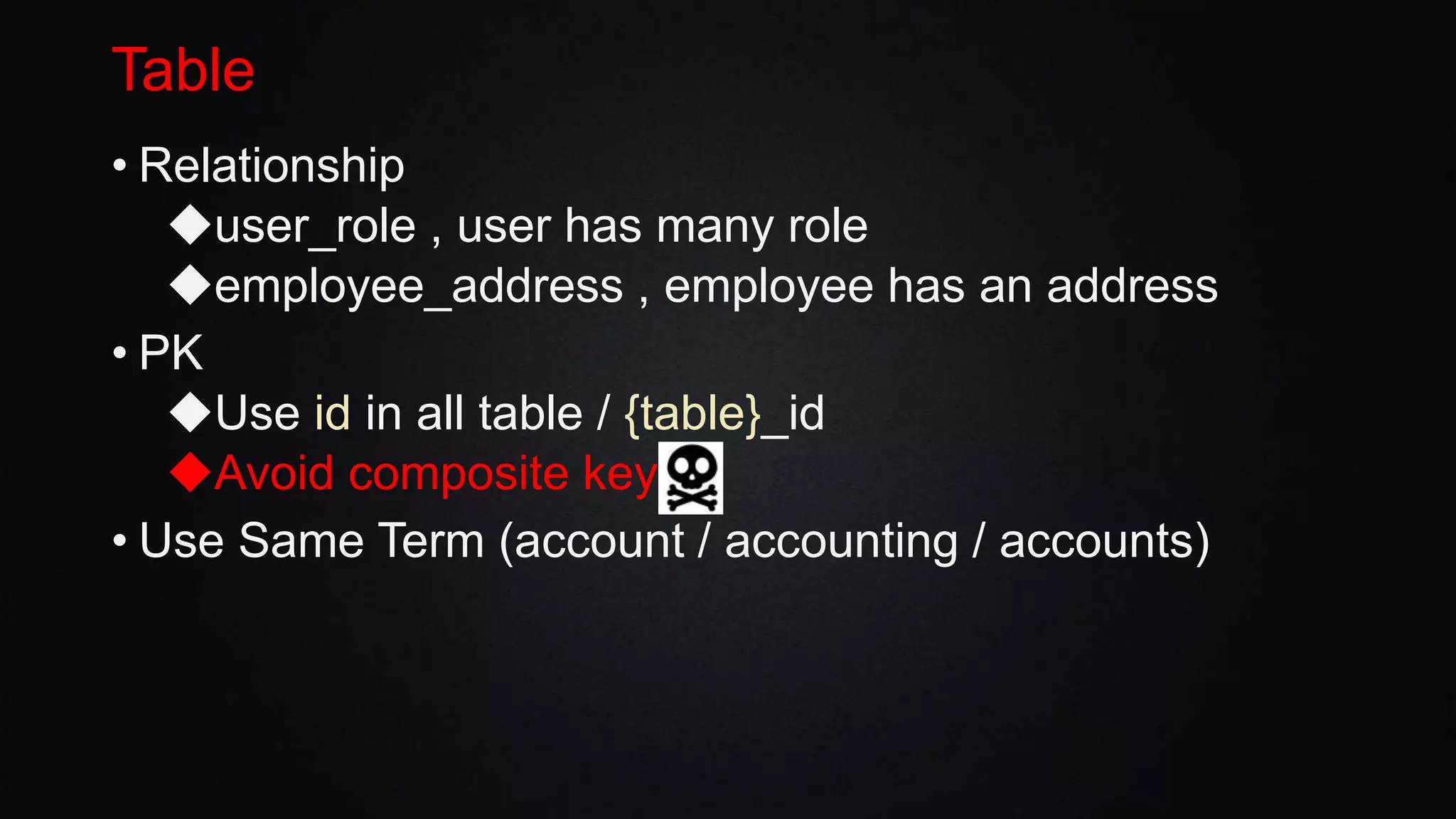 Table
• Relationship
◆user_role , user has many role
◆employee_address , employee has an address
• PK
◆Use id in all table / {table}_id
◆Avoid composite key
• Use Same Term (account / accounting / accounts)