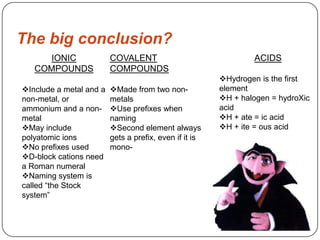The big conclusion?
      IONIC              COVALENT                               ACIDS
   COMPOUNDS             COMPOUNDS
                                                        Hydrogen is the first
Include a metal and a   Made from two non-            element
non-metal, or            metals                         H + halogen = hydroXic
ammonium and a non-      Use prefixes when             acid
metal                    naming                         H + ate = ic acid
May include             Second element always         H + ite = ous acid
polyatomic ions          gets a prefix, even if it is
No prefixes used        mono-
D-block cations need
a Roman numeral
Naming system is
called “the Stock
system”
 