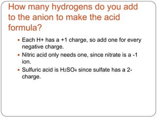 How many hydrogens do you add
to the anion to make the acid
formula?
   Each H+ has a +1 charge, so add one for every
    negative charge.
   Nitric acid only needs one, since nitrate is a -1
    ion.
   Sulfuric acid is H2SO4 since sulfate has a 2-
    charge.
 