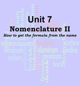 Unit 7 Nomenclature II How to get the formula from the name 