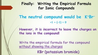 Finally: Writing the Empirical Formula
for Ionic Compounds
The neutral compound would be K+Br-
+1 + (1) = 0
However, it is incorrect to leave the charges on
the ions in the compound!
Write the empirical formula for the compound
without showing the charges
KBr (potassium bromide)
 