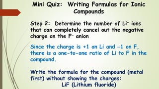 Mini Quiz: Writing Formulas for Ionic
Compounds
Step 2: Determine the number of Li+ ions
that can completely cancel out the negative
charge on the F anion
Since the charge is +1 on Li and 1 on F,
there is a one-to-one ratio of Li to F in the
compound.
Write the formula for the compound (metal
first) without showing the charges:
LiF (Lithium fluoride)
 