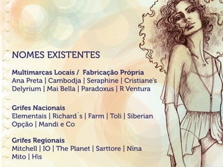 NOMES EXISTENTES
Multimarcas Locais / Fabricação Própria
Ana Preta | Cambodja | Seraphine | Cristiane’s
Delyrium | Mai Bella | Paradoxus | R Ventura
Grifes Nacionais
Elementais | Richard´s | Farm | Toli | Siberian
Opção | Mandi e Co
Grifes Regionais
Mitchell | IO | The Planet | Sarttore | Nina
Mito | His

 