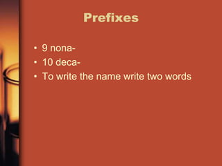 Prefixes9 nona-10 deca-To write the name write two words