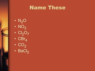 Name TheseN2ONO2Cl2O7CBr4CO2BaCl2