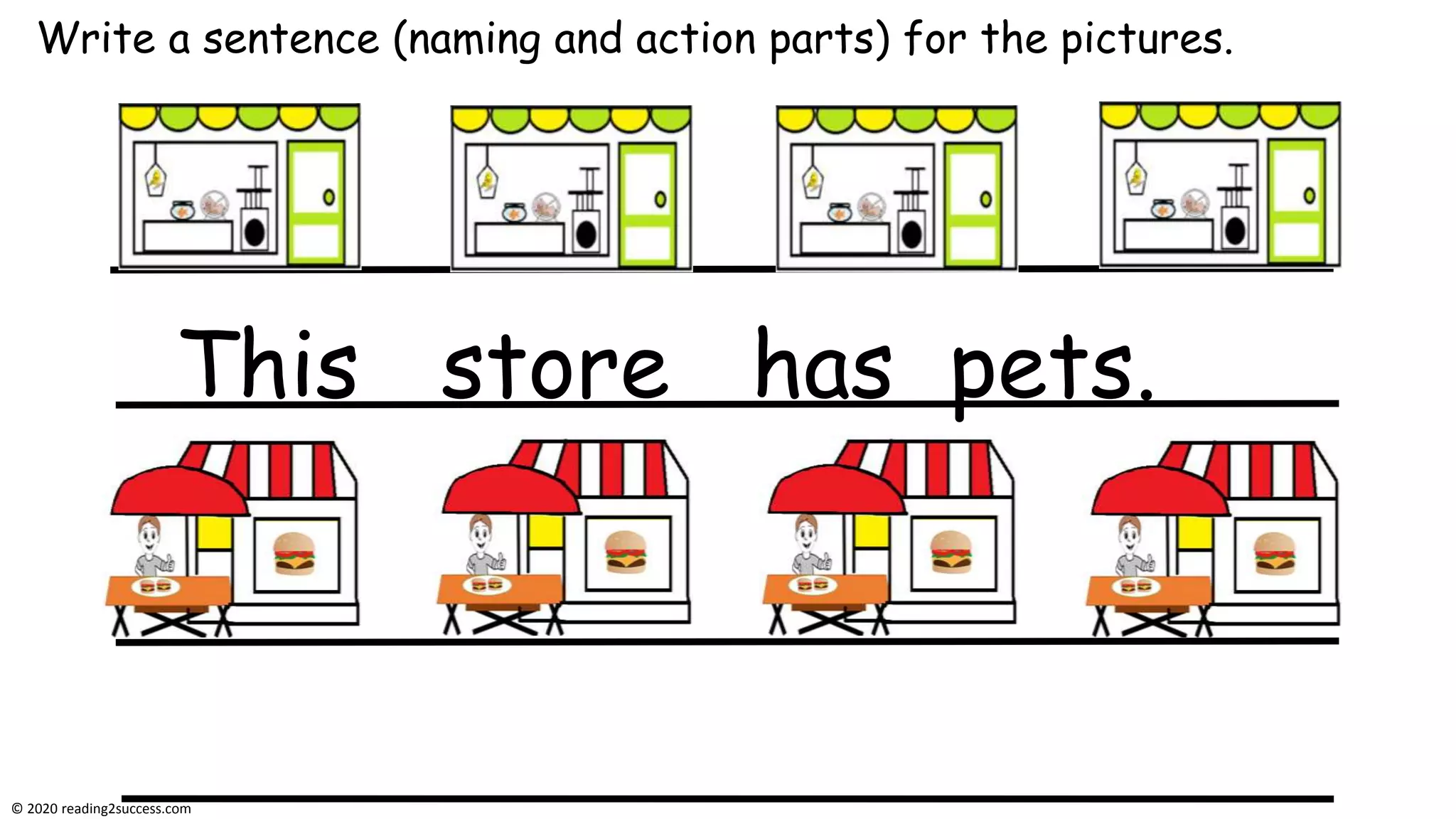 Write a sentence (naming and action parts) for the pictures.
This store has pets.
© 2020 reading2success.com
 