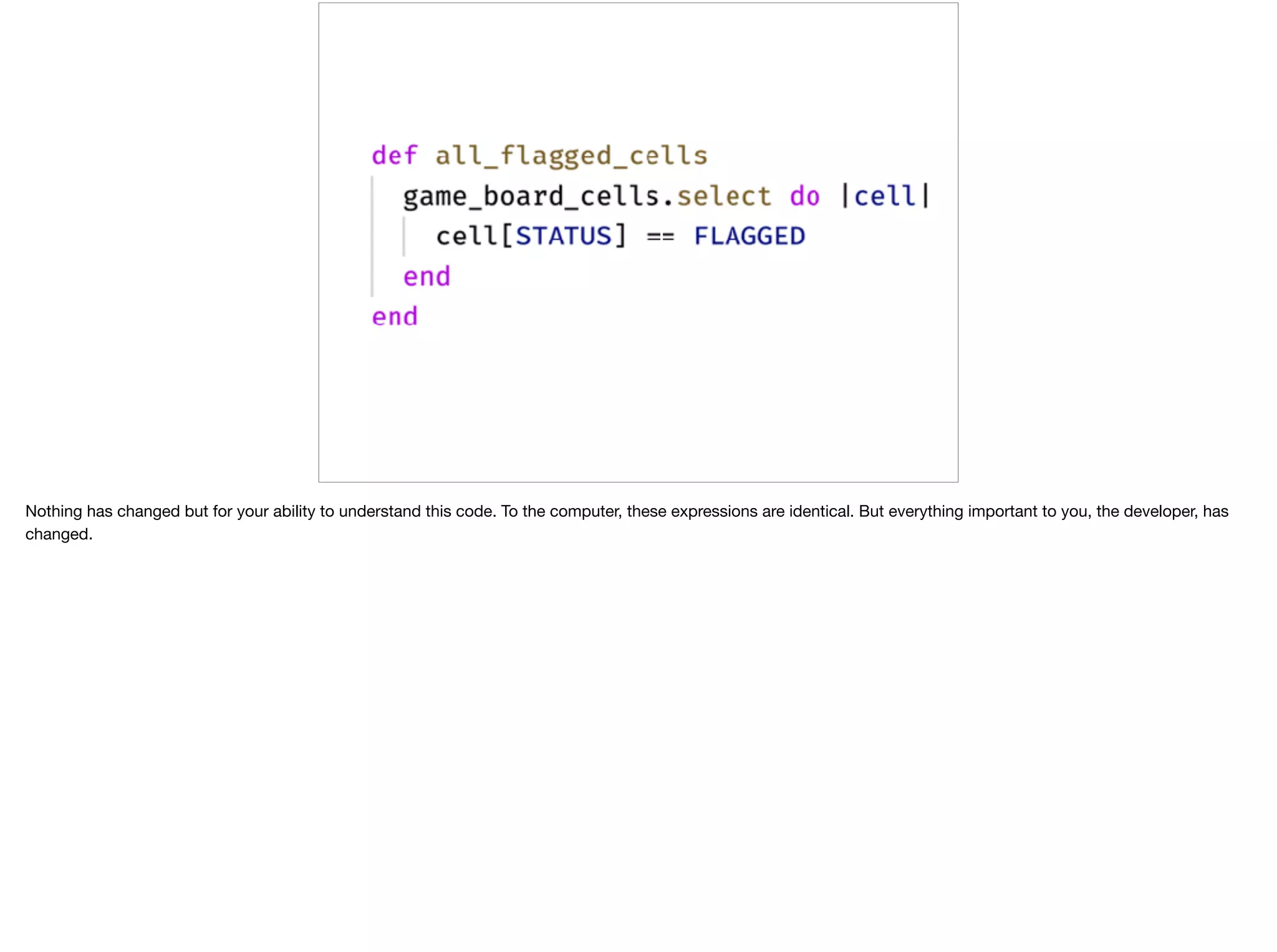 Nothing has changed but for your ability to understand this code. To the computer, these expressions are identical. But everything important to you, the developer, has
changed.
 