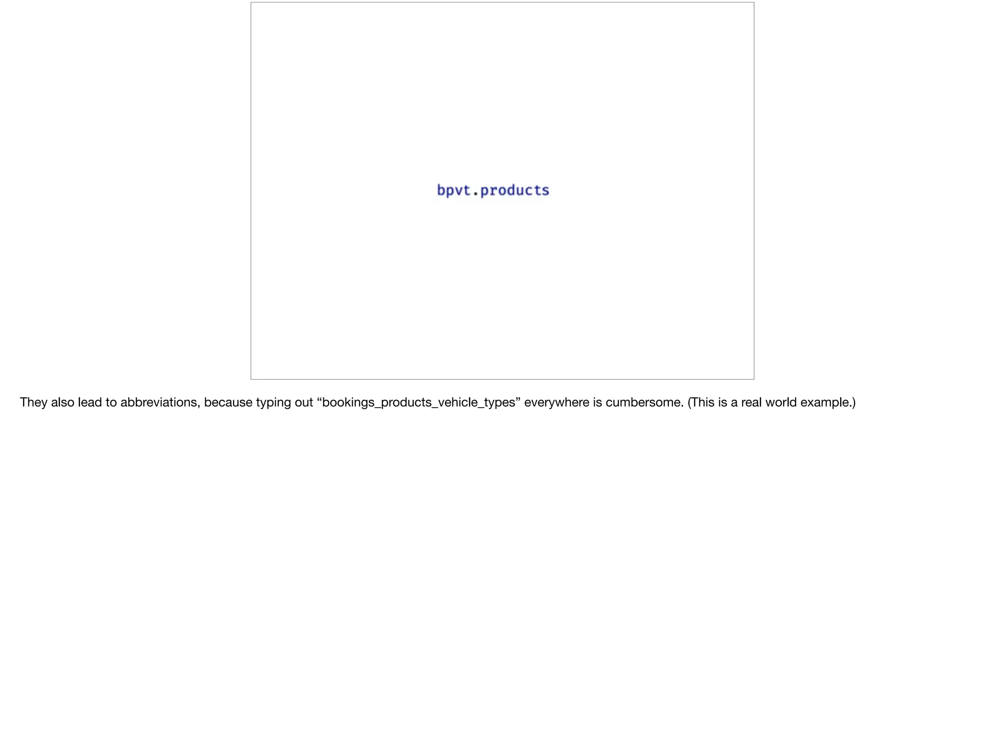 They also lead to abbreviations, because typing out “bookings_products_vehicle_types” everywhere is cumbersome. (This is a real world example.)
 