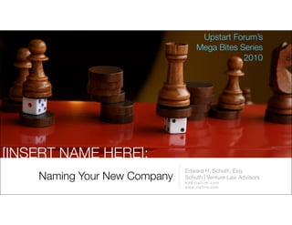 Upstart Forum’s
                                      Mega Bites Series
                                                  2010




[INSERT NAME HERE]:
                              Edward H. Schuth, Esq.
    Naming Your New Company   Schuth | Venture Law Advisors
                              ed@vlafirm.com
                              ww w. vl a f i r m . c o m
 