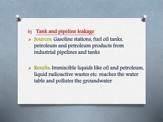 b) Tank and pipeline leakage
 Sources: Gasoline stations, fuel oil tanks,
petroleum and petroleum products from
industrial pipelines and tanks
 Results: Immiscible liquids like oil and petroleum,
liquid radioactive wastes etc. reaches the water
table and pollutes the groundwater
 