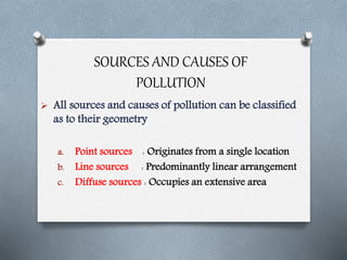 SOURCES AND CAUSES OF
POLLUTION
 All sources and causes of pollution can be classified
as to their geometry
a. Point sources : Originates from a single location
b. Line sources : Predominantly linear arrangement
c. Diffuse sources : Occupies an extensive area
 