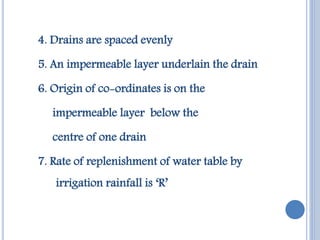 Hooghout’s equation for drain
spacing:-
S2 = 4K/R [H2-2hd+2Hd-h2]
where,
d- Depth to the impermeable layer from the
drain...