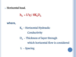  Radial Head:-
hr = (qL / πKr) ln(Dr /u)
where,
Kr – Radial Hydraulic Conductivity
a - Geometric Factor
u- Wetted Perimet...