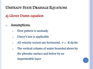  Glover-Dumn equation is used to
describe a falling water table after its
sudden rise due to an instantaneous
recharge
 