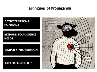 Hoaxes
Parody/Satire
ACTIVATE STRONG
EMOTIONS
ATTACK OPPONENTS
SIMPLIFY INFORMATION
RESPOND TO AUDIENCE
NEEDS
Techniques of Propaganda
 
