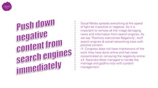 Social Media spreads everything at the speed
of light be it positive or negative. So it is
important to remove all the image damaging
news and information from search engines. As
we say ‘Positivity overcomes Negativity’, stuff
search engines & social networking sites with
positive content.
-1: Congress does not have impressions of the
work they have done online and has never
concentrated on removing the negativity online.
+1: Narendra Modi managed to handle the
marriage and godhra riots with content
management.
 