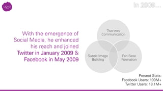 With the emergence of
Social Media, he enhanced
his reach and joined
Twitter in January 2009 &
Facebook in May 2009
Present Stats:
Facebook Users: 100M+
Twitter Users: 18.1M+
Two-way
Communication
Fan Base
Formation
Subtle Image
Building
 
