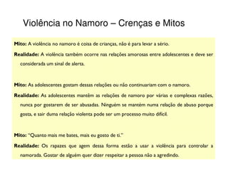 Violência no Namoro – Crenças e Mitos

Mito: A violência no namoro é coisa de crianças, não é para levar a sério.

Realidade: A violência também ocorre nas relações amorosas entre adolescentes e deve ser
  considerada um sinal de alerta.



Mito: As adolescentes gostam dessas relações ou não continuariam com o namoro.

Realidade: As adolescentes mantêm as relações de namoro por várias e complexas razões,
  nunca por gostarem de ser abusadas. Ninguém se mantém numa relação de abuso porque
  gosta, e sair duma relação violenta pode ser um processo muito difícil.



Mito: “Quanto mais me bates, mais eu gosto de ti.”

Realidade: Os rapazes que agem dessa forma estão a usar a violência para controlar a
  namorada. Gostar de alguém quer dizer respeitar a pessoa não a agredindo.
 