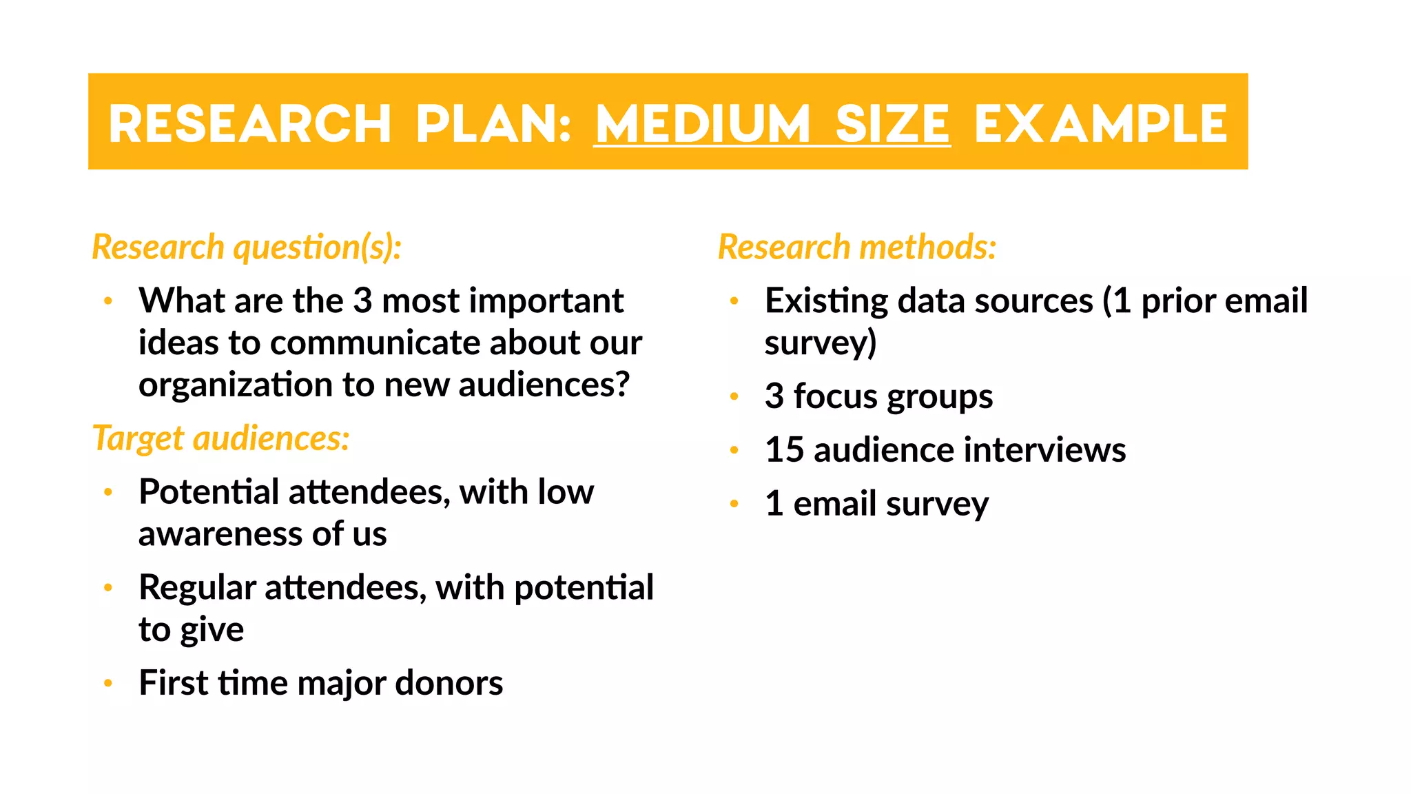 RESEARCH PLAN: MEDIUM SIZE EXAMPLE
Research quesBon(s):
• What are the 3 most important
ideas to communicate about our
organiza4on to new audiences?
Target audiences:
• Poten4al a_endees, with low
awareness of us
• Regular a_endees, with poten4al
to give
• First 4me major donors
Research methods:
• Exis4ng data sources (1 prior email
survey)
• 3 focus groups
• 15 audience interviews
• 1 email survey
 