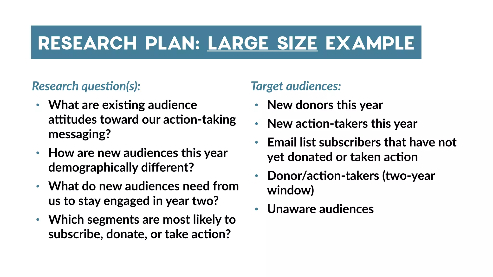 RESEARCH PLAN: LARGE SIZE EXAMPLE
Research quesBon(s):
• What are exis4ng audience
astudes toward our ac4on-taking
messaging?
• How are new audiences this year
demographically diﬀerent?
• What do new audiences need from
us to stay engaged in year two?
• Which segments are most likely to
subscribe, donate, or take ac4on?
Target audiences:
• New donors this year
• New ac4on-takers this year
• Email list subscribers that have not
yet donated or taken ac4on
• Donor/ac4on-takers (two-year
window)
• Unaware audiences
 