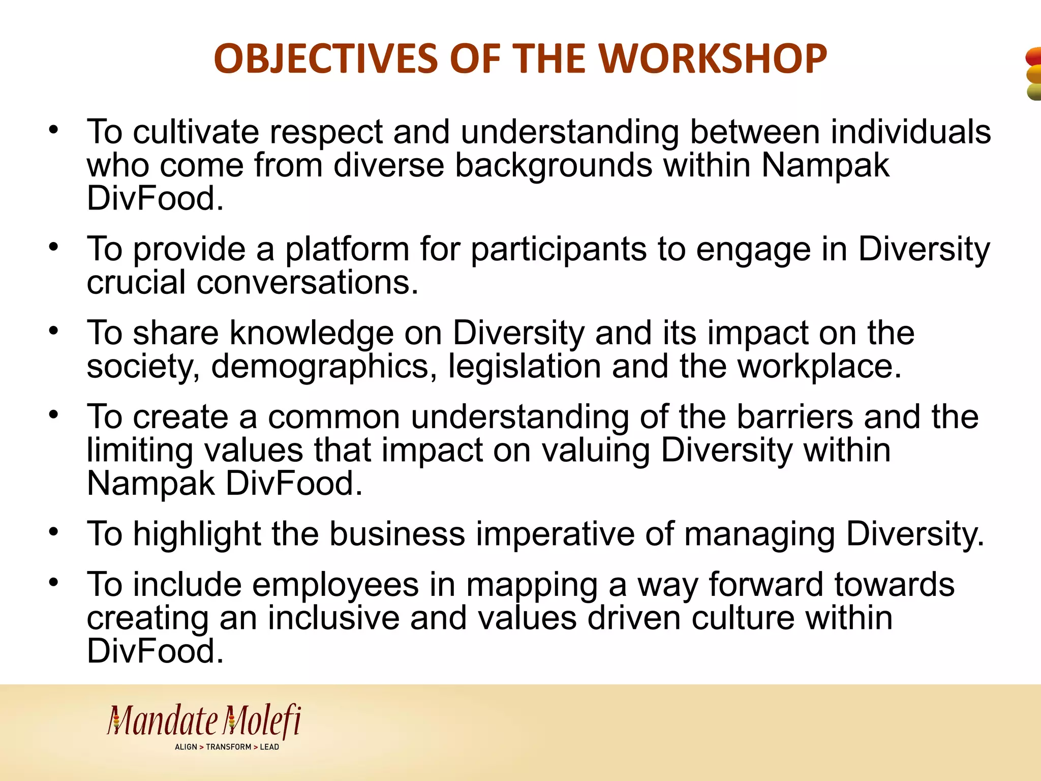 OBJECTIVES OF THE WORKSHOP
• To cultivate respect and understanding between individuals
  who come from diverse backgrounds within Nampak
  DivFood.
• To provide a platform for participants to engage in Diversity
  crucial conversations.
• To share knowledge on Diversity and its impact on the
  society, demographics, legislation and the workplace.
• To create a common understanding of the barriers and the
  limiting values that impact on valuing Diversity within
  Nampak DivFood.
• To highlight the business imperative of managing Diversity.
• To include employees in mapping a way forward towards
  creating an inclusive and values driven culture within
  DivFood.
 