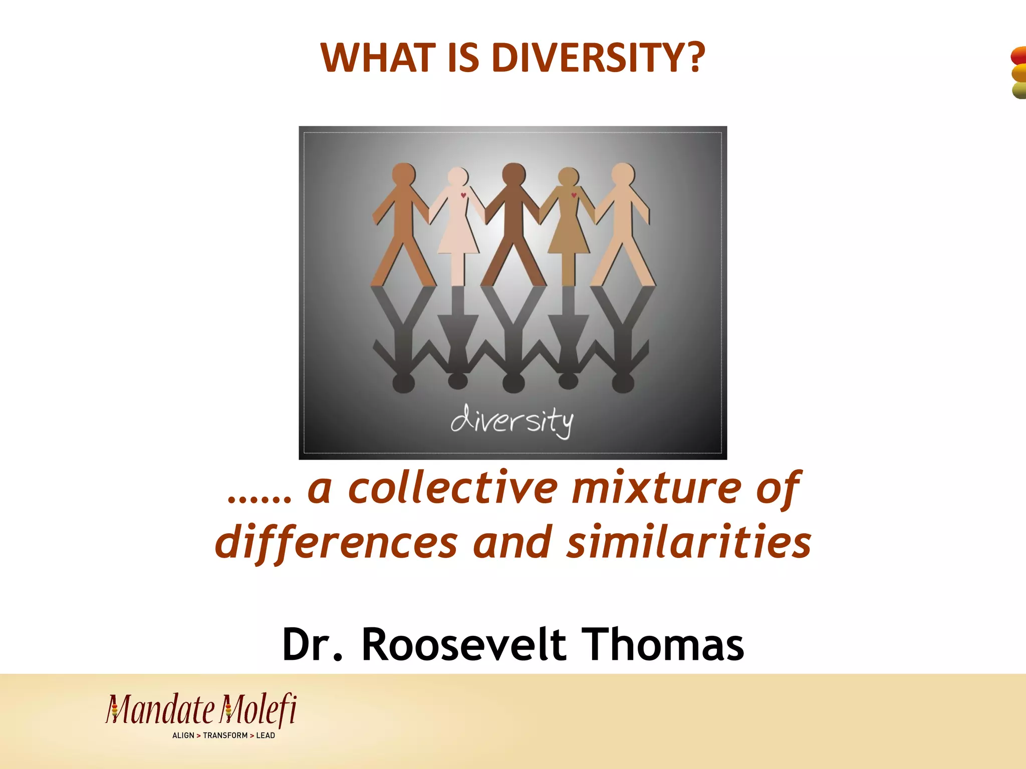 WHAT IS DIVERSITY?




…… a collective mixture of
differences and similarities

   Dr. Roosevelt Thomas
 