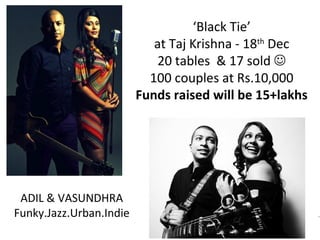 ‘Black Tie’
at Taj Krishna - 18th Dec
20 tables & 17 sold 
100 couples at Rs.10,000
Funds raised will be 15+lakhs

ADIL & VASUNDHRA
Funky.Jazz.Urban.Indie

 