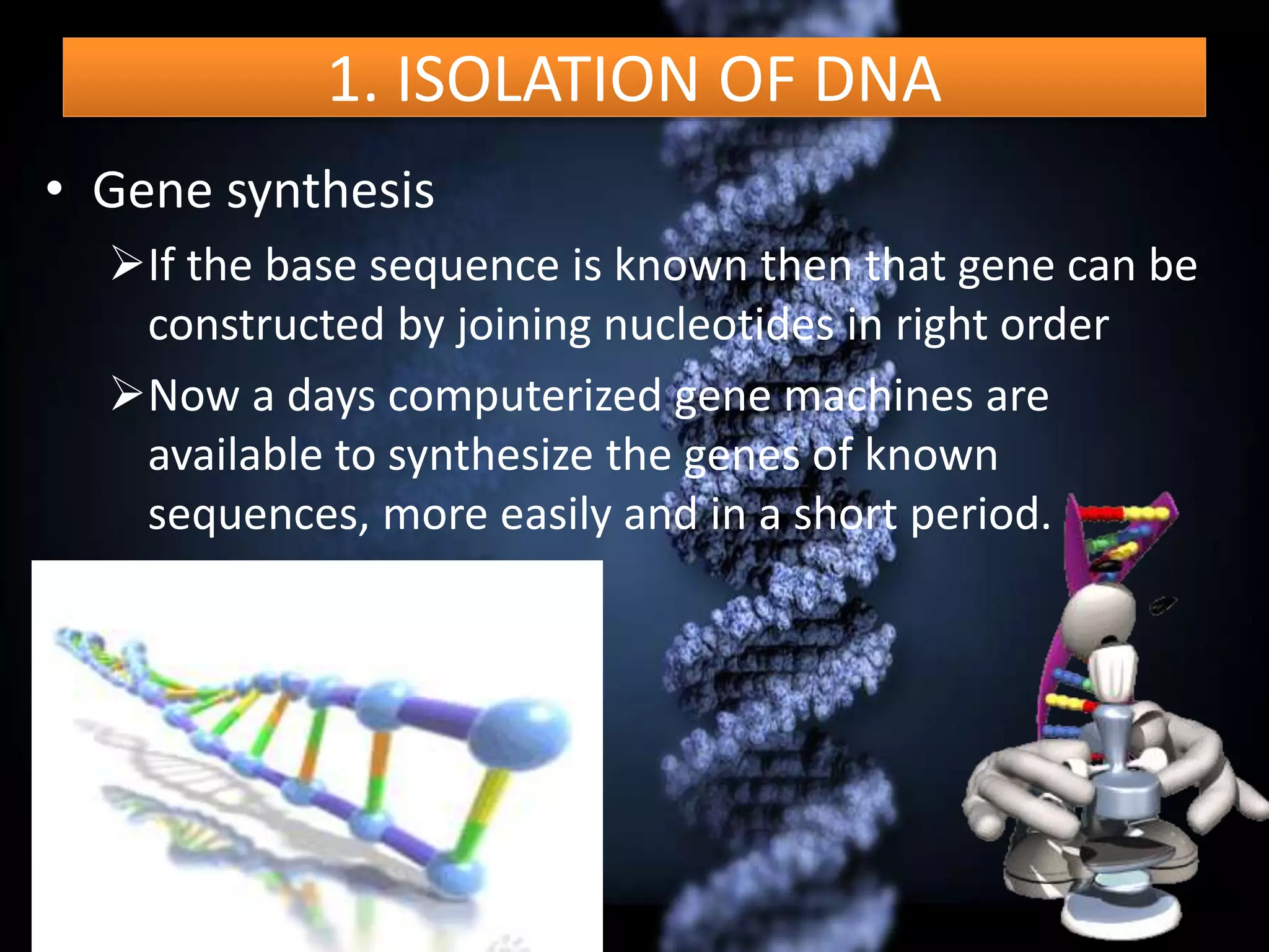 1. ISOLATION OF DNA
• Gene synthesis
If the base sequence is known then that gene can be
constructed by joining nucleotides in right order
Now a days computerized gene machines are
available to synthesize the genes of known
sequences, more easily and in a short period.
 