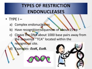 TYPES OF RESTRICTION
ENDONUCLEASES
• TYPE I –
a) Complex endonucleases
b) Have recognition sequences of about 15 bp
c) Cleave the DNA about 1000 base pairs away from
the sequence ‘’TCA’’ located within the
recognition site.
d) Examples- EcoK, EcoB.
 