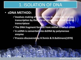 1. ISOLATION OF DNA
• cDNA METHOD:
Involves making of a gene from its mRNA by reverse
transcription by the help of an enzyme called reverse
transcriptase
The DNA fragment formed from mRNA is called cDNA
A ssDNA is converted into dsDNA by polymerase
enzyme
Process discovered by H.Temin & D.Baltimore(1970)
 