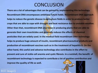CONCLUSION
There are a lot of advantages that can be gained by implementing this technology.
Recombinant DNA encompasses ambitious future holds. Recombinant DNA approach
helps to reduce the genetic disease in agriculture fields in order to produce better
crops that are able to cope with drought and heat resistance due to unstable weather.
Other than that, recombinant DNA also helps in producing plants that are able to
generate their own insecticides and generally reduces the effects of chemical
pesticides that are widely used. In the medical field recombinant DNA technology
helps to produce huge amount of insulin, recombinant pharmaceutical products and
production of recombinant vaccines such as in the treatment of hepatitis B. On the
other hand, this useful and advance technology also contributes in the effort to
prevent and cure of sickle cell anemia and cystic fibrosis. In a nutshell, the benefit of
recombinant technology is expected to contribute a lot of positive contribution and
improve the quality of life as well.
 