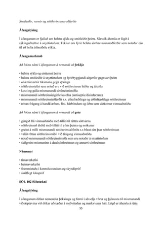 55
Smitleiðir, varnir og sótthreinsunaraðferðir
Áfangalýsing
Í áfanganum er fjallað um helstu sýkla og smitleiðir þeirra. Sérstök áhersla er lögð á
sýkingarhættur á snyrtistofum. Teknar eru fyrir helstu sótthreinsunaraðferðir sem notaðar eru
til að hefta útbreiðslu sýkla.
Áfangamarkmið
Að loknu námi í áfanganum á nemandi að þekkja
• helstu sýkla og einkenni þeirra
• helstu smitleiðir á snyrtistofum og fyrirbyggjandi aðgerðir gagnvart þeim
• ónæmisvarnir líkamans gegn sýkingu
• sótthreinsiefni sem notuð eru við sótthreinsun húðar og áhalda
• kosti og galla mismunandi sótthreinsimiðla
• mismunandi sótthreinsieiginleika efna (antiseptic/disinfectant)
• mismunandi sótthreinsiaðferðir s.s. efnafræðilega og eðlisfræðilega sótthreinsun
• réttan frágang á handklæðum, líni, hárböndum og öðru sem viðkemur vinnuaðstöðu
Að loknu námi í áfanganum á nemandi að geta
• gengið frá vinnuaðstöðu með tilliti til réttra sóttvarna
• sótthreinsað áhöld með tilliti til efnis þeirra og notkunar
• greint á milli mismunandi sótthreinsiaðferða s.s blaut eða þurr sótthreinsun
• valið réttan sótthreinsimiðil við frágang vinnuaðstöðu
• notað mismunandi sótthreinsimiðla sem eru notaðir á snyrtistofum
• skilgreint mismuninn á dauðsótthreinsun og annarri sótthreinsun
Námsmat
• tímaverkefni
• heimaverkefni
• frammistaða í kennslustundum og skyndipróf
• skriflegt lokapróf
SÖL 102 Sölutækni
Áfangalýsing
Í áfanganum öðlast nemendur þekkingu og færni í að selja vörur og þjónustu til mismunandi
viðskiptavina við ólíkar aðstæður á meðvitaðan og markvissan hátt. Lögð er áhersla á rétta
 