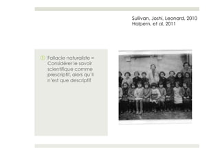 Sullivan, Joshi, Leonard, 2010
                              Halpern, et al, 2011




①  Fallacie naturaliste =
   Considérer le savoir
   scientifique comme
   prescriptif, alors qu’il
   n’est que descriptif
 