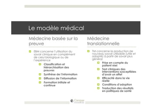 Le modèle médical
Médecine basée sur la                    Médecine
preuve                                   translationnelle
¤  EBM concerne l’utilisation du        ¤  TM concerne la production de
    savoir clinique en complément            nouveau savoir utilisable (utile et
    de celui biologique ou de                adopté) à partir de savoir plus
    l’expérience                             général
                                                ¤  Prise en compte du
        ¤  Classification et                       patient réel
            hiérarchisation des
            preuves                             ¤  Test cliniques des
                                                    interventions susceptibles
        ¤  Synthèse de l’information               d’avoir un effet
        ¤  Diffusion de l’information          ¤  Efficacité dans la vie
                                                    réelle
        ¤  Formation initiale et
            continue                            ¤  Conditions d’adoption
                                                ¤  Traduction des résultats
                                                    en politiques de santé
 