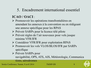 Soirée Conférence, Namur, 8 avril 2014 ThDSP-EB 8
5. Encadrement international essentiel
ICAO / OACI :
 Promouvoir les opérations transfrontalières en
amendant les annexes à la convention ou en rédigeant
une annexe spécifique pour les RPAS
 Prévoir SARPs pour la licence télé pilote
 Prévoir règles de l’air nouveaux pour vols jusque
minima VFR/IFR
 Considérer VFR/IFR pour exploitation RPAS
 Promouvoir les vols VLOS/BLOS/IFR par SARPs
spécifique
 Prévoir SARPs pour
navigabilité, OPS, ATS, AIS, Météorologie, Communica
tions, aérodromes
 