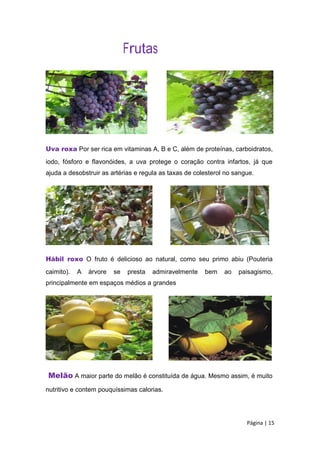 Frutas
Uva roxa Por ser rica em vitaminas A, B e C, além de proteínas, carboidratos,
iodo, fósforo e flavonóides, a uva protege o coração contra infartos, já que
ajuda a desobstruir as artérias e regula as taxas de colesterol no sangue.
Hábil roxo O fruto é delicioso ao natural, como seu primo abiu (Pouteria
caimito). A árvore se presta admiravelmente bem ao paisagismo,
principalmente em espaços médios a grandes
Melão A maior parte do melão é constituída de água. Mesmo assim, é muito
nutritivo e contem pouquíssimas calorias.
Página | 15
 