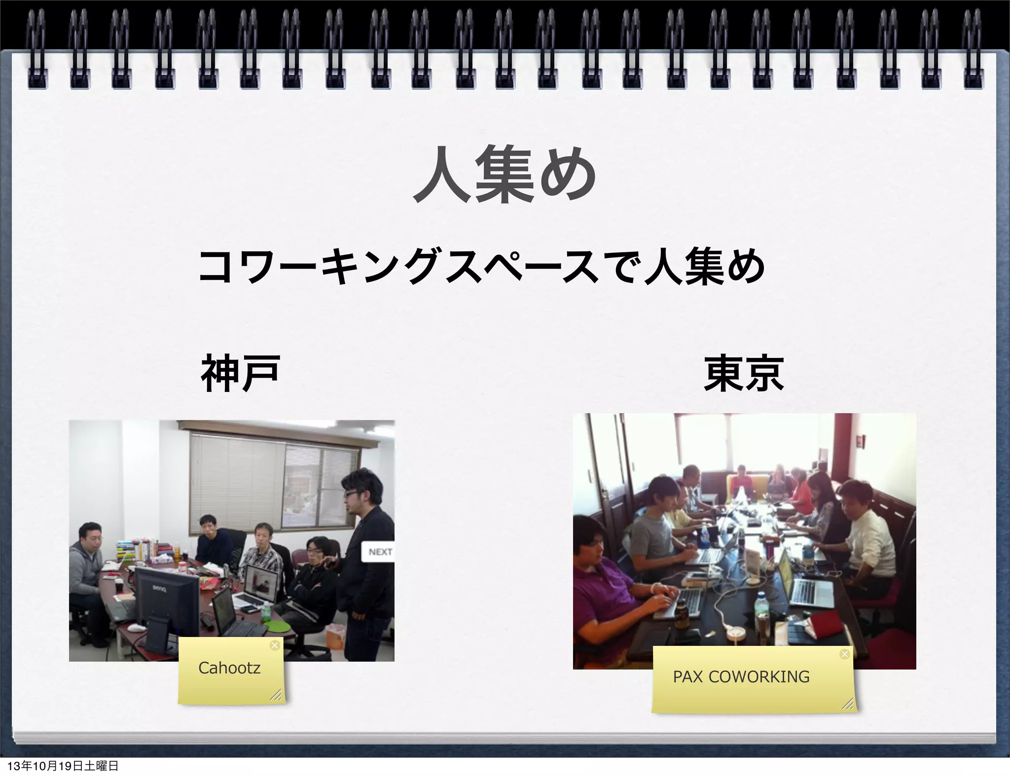 人集め
コワーキングスペースで人集め
神戸

Cahootz

13年10月19日土曜日

東京

PAX	
  COWORKING

 