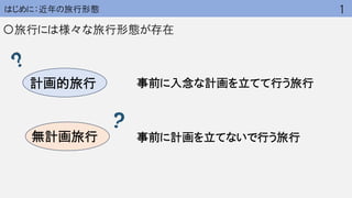 はじめに：近年の旅行形態
〇旅行には様々な旅行形態が存在
事前に入念な計画を立てて行う旅行
事前に計画を立てないで行う旅行
1
計画的旅行
無計画旅行
 