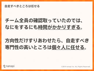 自走すべきところは任せる 
チーム全員の確認取っていたのでは、 
なにをするにも時間がかかりすぎる。 
方向性だけすりあわせたら、自走すべき 
専門性の高いところは個々人に任せる。 
 