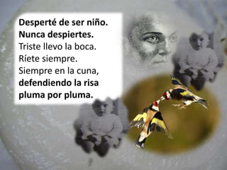 Desperté de ser niño.
Nunca despiertes.
Triste llevo la boca.
Ríete siempre.
Siempre en la cuna,
defendiendo la risa
pluma por pluma.
 
