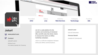 Jot Url is a web platform for the
creation and monitoring of shortened
URLs and QR codes that allows clients
to measure the metrics of oﬄine
marketing campaigns.
JotUrl is an eﬃcient integration between
online and oﬄine communications.
Joturl
www.joturl.com
Founded
2012
Status
Live
Funding
30k
Contact:
Janosh Lenzi
jl@joturl.com
Via Valerio Santelli 43, Florence
Janosch Lenzi
(Ceo & Cofounder)
Vincenzo Bonelli
(Investor & Commercial)
A
Category
Technology
Industry
Web Services
 