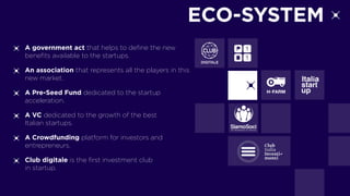 A government act that helps to define the new
benefits available to the startups.
An association that represents all the players in this
new market.
A Pre-Seed Fund dedicated to the startup
acceleration.
A VC dedicated to the growth of the best
Italian startups.
A Crowdfunding platform for investors and
entrepreneurs.
Club digitale is the first investment club
in startup.
ECO-SYSTEM
 