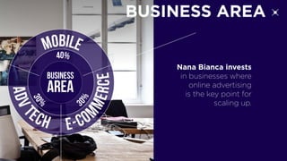 Nana Bianca invests
in businesses where
online advertising
is the key point for
scaling up.
BUSINESS AREA
 