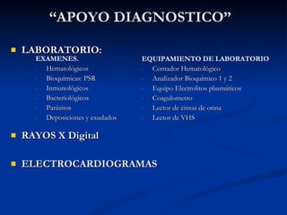 LABORATORIO:  RAYOS X Digital ELECTROCARDIOGRAMAS EXAMENES. Hematológicos Bioquímicas: PSR   Inmunológicos Bacteriológicos  Parásitos Deposiciones y exudados  “ APOYO DIAGNOSTICO” EQUIPAMIENTO DE LABORATORIO Contador Hematológico Analizador Bioquímico 1 y 2 Equipo Electrolitos plasmáticos Coagulometro Lector de cintas de orina Lector de VHS 