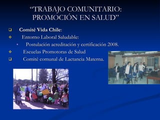 Comité Vida Chile : Entorno Laboral Saludable:  Postulación acreditación y certificación 2008. Escuelas Promotoras de Salud  Comité comunal de Lactancia Materna. “ TRABAJO COMUNITARIO: PROMOCIÓN EN SALUD” 