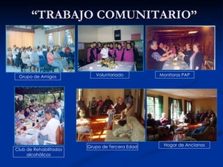 “ TRABAJO COMUNITARIO” Grupo de Amigos Voluntariado Club de Rehabilitados alcohólicos  Grupo de Tercera Edad Hogar de Ancianos Monitoras PAP 
