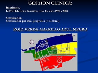 GESTION CLINICA: Inscripción. 12.476 Habitantes Inscritos, entre los años 1998 y 2008 Sectorización. Sectorización por área  geográfica ( 4 sectores)  ROJO-VERDE-AMARILLO-AZUL-NEGRO 