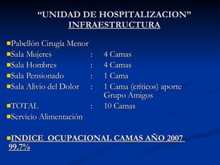 <ul><li>Pabellón Cirugía Menor </li></ul><ul><li>Sala Mujeres : 4 Camas </li></ul><ul><li>Sala Hombres : 4 Camas </li></ul...