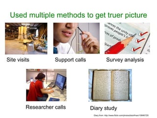 Used multiple methods to get truer picture




Site visits         Support calls                 Survey analysis




         Researcher calls           Diary study
                                     Diary from: http://www.flickr.com/photos/bdorfman/15846725/
 