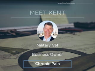 Military Vet
Business Owner
Chronic Pain
MEET KENT
angelist.co/love-nancy
 